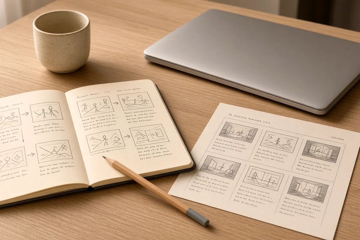 Content workspace with a notebook, printed outline, and laptop used to draft guides